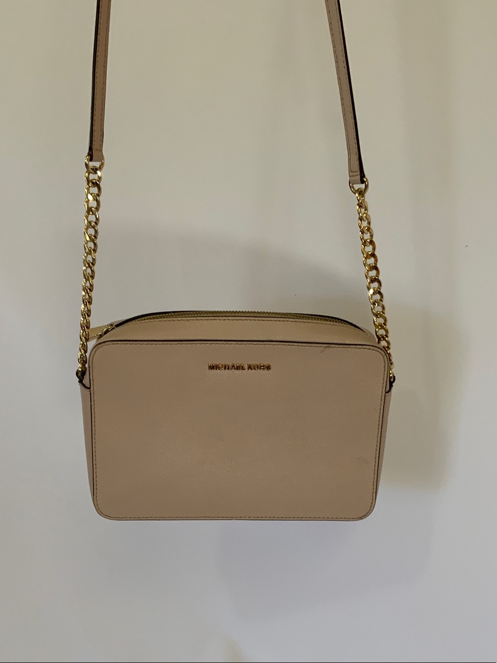 Michael Kors Blush Beige Saffiano Leather Crossbody with Gold Chain Strap